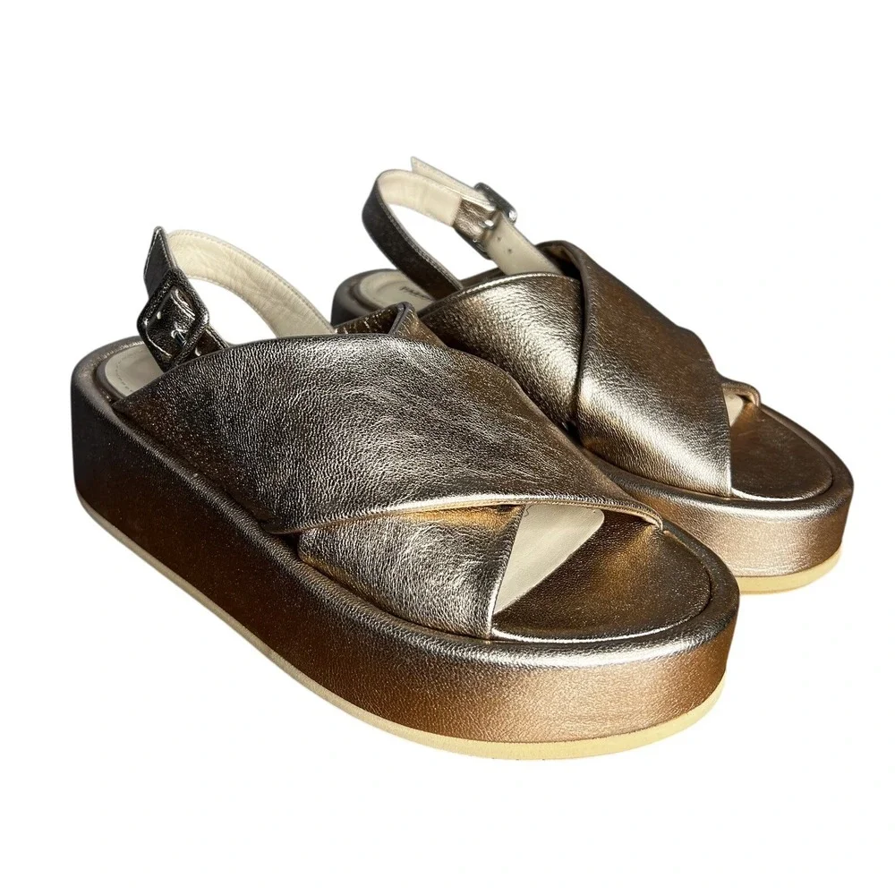 Paloma Barcelo Free People Sima Slingback Sandal Gold Leather Flatform Size 7.5 - Picture 6 of 13